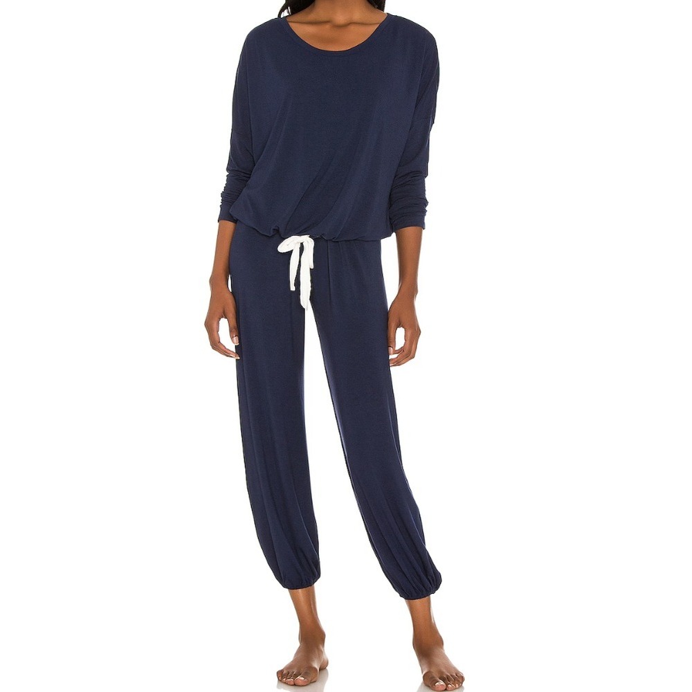 Eberjey Cotton Slouchy Pajama Set Womens L Navy Blue Loungewear Minimalist EUC